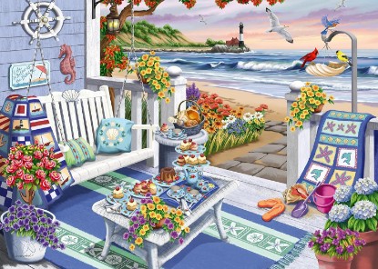Picture of Ravensburger Cozy Series: Seaside Sunshine 300 Piece Large Format Jigsaw Puzzle for Adults and Kids | Unique Piece Design | Premium Quality Materials | FSC Certified | Ideal Gift for Puzzle Lovers The Forest Stewardship Council