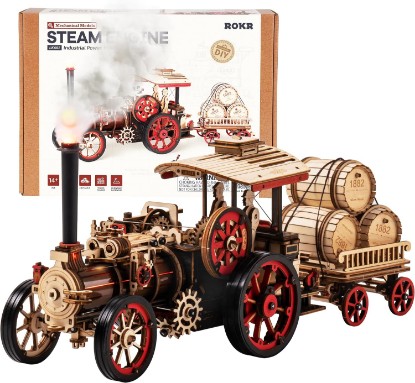 Picture of ROKR 3D Puzzle for Adults 469pcs Electric Vintage Car Steam Engine Model Kits, Mechanical Wooden Assembly Puzzles Vehicle DIY Hobbies Christmas Gifts for Men Women