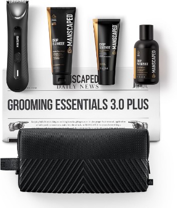 Picture of MANSCAPED Grooming Essentials 3.0 Plus Routine with The Lawn Mower® 3.0 Plus Men's Groin Hair Trimmer, Crop Preserver® Ball Deodorant, Crop Cleanser®, Crop Soother™ Aftershave, Shed 2.0 Toiletry Bag