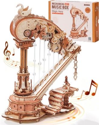 Picture of ROKR 3D Wooden Puzzle Harp Music Box, Building Model Kit with Mechanical Movement, Gift for Adults Women, Elegant Home Decor for Desk & Shelf