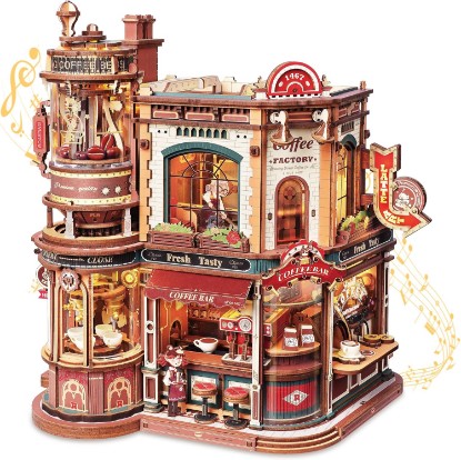 Picture of ROKR Moving Dream Coffee Factory DIY Miniature House Kit - 3D Wooden Puzzles for Adults with Music Box & LED Lights, No Glue Kinetic Model Building Kit, Unique Home Decor Gifts for Adults Women Men