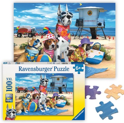 Picture of Ravensburger No Dogs on The Beach - 100 Piece Jigsaw Puzzle - Hilarious Beach Scene of Dogs Dressed for Seaside - Bold Colors - Premium Quality - Ideal Gift - Screen-Free Fun - Children Age 6+ The Forest Stewardship Council