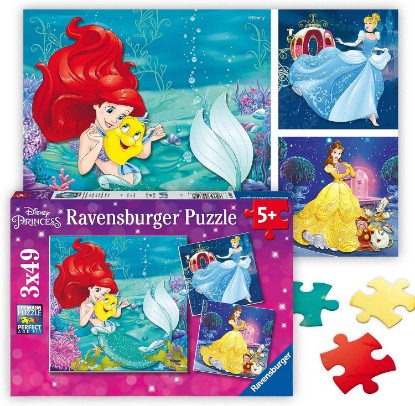 Picture of Ravensburger Disney Princess Adventures - 49 Piece Jigsaw Puzzle 3 Pack Set - Vibrant Colors - Belle, Ariel & More - Larger Pieces - Premium Quality - Ideal Gift - Screen-Free Fun - Children Age 5+ The Forest Stewardship Council