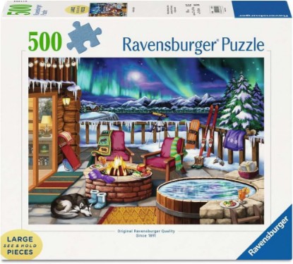 Picture of Ravensburger Northern Lights - 500 Piece Large Format Jigsaw Puzzle - Stunning, Bold, Vivid Image of The Phenomenon - Warm Fireside Cabin - Premium Quality - Puzzles for Adults The Forest Stewardship Council