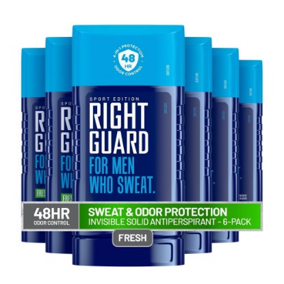 Picture of Right Guard Sport Fresh Scent Antiperspirant & Deodorant Invisible Solid - 4-in-1 Deodorant For Men, Blocks Sweat, 48-Hour Odor Protection, Quick-Drying, & Long-Lasting, 2.6 oz (6 Pack)