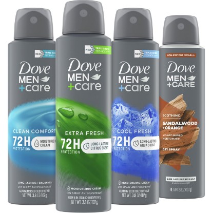 Picture of Dove Men+Care Dry Spray Antiperspirant Variety 4-Pack, Scented, 3.8 Oz Ea | Non-Irritating Deodorant Sprays, ¼ Moisturizing Cream, Vitamin E | 72H Sweat & Odor Protection | Goes On Instantly Dry