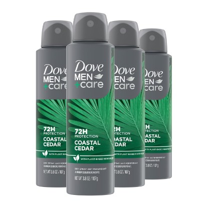 Picture of DOVE MEN + CARE Dry Spray Antiperspirant Coastal Cedar 3.8 oz 4 Count | 72 Hour Protection with a Plant-Based Moisturizer