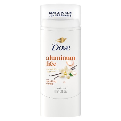 Picture of Dove Deodorant Stick Sparkling Vanilla Aluminum Free 2.4 oz | For everyday wear, Helps stop odor & stay fresh, With prebiotic glycerin, Vanilla scent