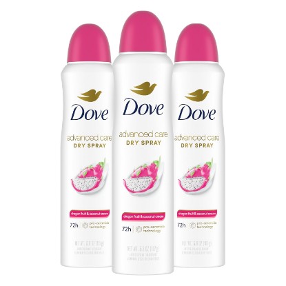 Picture of Dove Advanced Care Antiperspirant Deodorant Spray Dragon Fruit 3.8oz 3PK | Advanced Care 72 hour sweat and odor protection. Dragon Fruit & Coconut Cream Scent