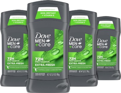 Picture of Dove Men Antiperspirant Deodorant Stick 4 Count Extra Fresh 72H 2.7 oz | 1/4 Moisturizing Cream & Long-lasting Citrus scent with 72-hour Sweat & Odor Protection