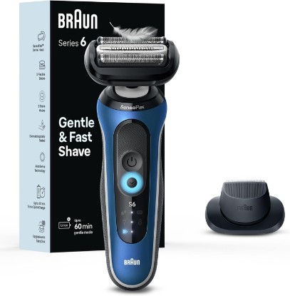 Picture of Braun Electric Shaver for Men, Series 6 6120s, Wet & Dry Shave, Turbo & Gentle Shaving Modes, with Precision Trimmer & Pouch, Blue GreenCircle Certified: Certified Energy Savings