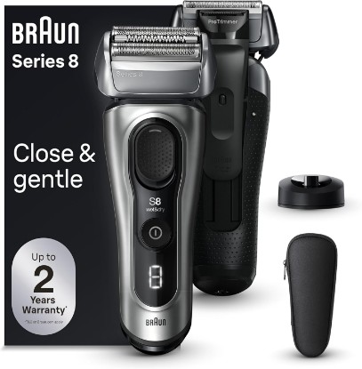Picture of Braun Series 8 Electric Razor for Men, with 4+1 Shaving Elements & Precision Long Hair Trimmer, Close & Gentle Even on Dense Beards, Wet & Dry Electric Razor with 60min Runtime, 8517s Galvano Silver GreenCircle Certified: Certified Energy Savings