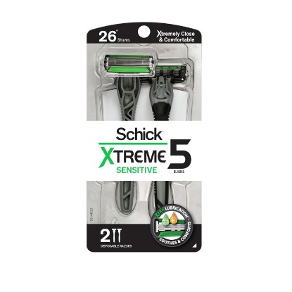 Picture of Schick Xtreme 5 Sensitive 5-Blade Disposable Razors for Men, 2 ct | 5-blade mens razors for sensitive skin, Lubrication strip with aloe and vitamin E, Anti-clog cartridge technology