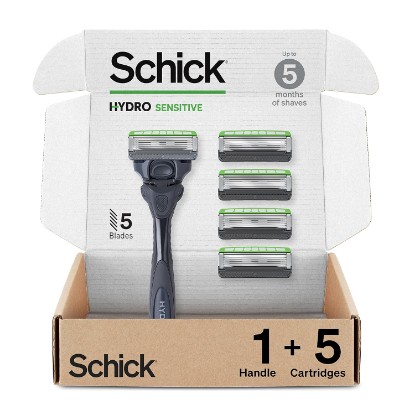 Picture of Schick Hydro Sensitive 5-Blade Razors for Men, 1 Handle & 5 Refills | Mens razors for sensitive skin, 7 hydrating gel pools, Protective guards reduce irritation, Flip-back precision edging tool