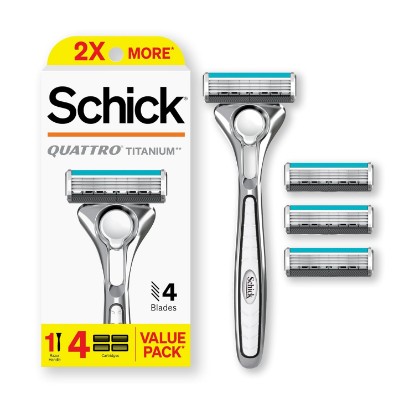 Picture of Schick Quattro Titanium 4-Blade Razors for Men, 1 Handle & 4 Refills | Titanium-coated mens razors blades, Smooth-gliding lubricating strip, Pivoting head contours face, Precision edging tool