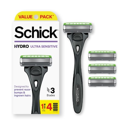 Picture of Schick Hydro Ultra Sensitive 3-Blade Razors for Men, 1 Handle & 4 Refills | 3-blade mens razors for shaving, Moisturizing Hydro Gel, Protective guards for sensitive skin, For ingrown hair prevention