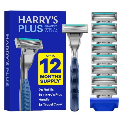 Picture of Harry's Plus Razor Value Pack - Premium Handle and 9 Razor Blade Cartridges | German Engineered - Up to 12 Months of Smooth Shaving - Advanced Pivoting System - Shaving Kit for Men - Tide