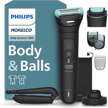 Picture of Philips Norelco Body Groomer 7000 Series, Men's Whole Body Groomer, Contour-Following 2D Flexing Head, Triple Protect Shave System & Intimate Body Hair Trimmer, 100% Showerproof, BG7480/50 | Dual Head Trim & Shave, Triple Skin Protect System, 11 Lengths, Back Attachment, 120-Min Runtime, 100% Showerproof, BG7480/50