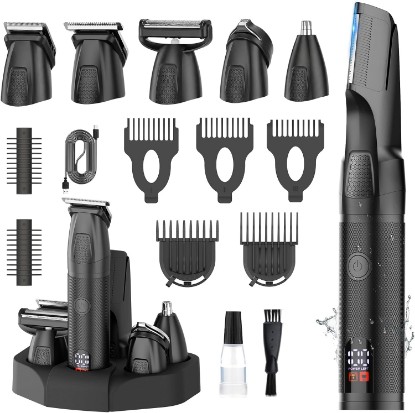 Picture of Manscape Men Body Beard Trimmer Waterproof Groin Ball Hair Groom Kit | 6-in-1 multi-set, no-nick shave trim, nose trim head, LED display, large recharge battery, Type-C dock charger for daily use Global Recycled Standard