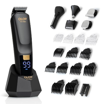Picture of OLOV For Man Beard Trimmer, 21 Piece All-in-One Mens Grooming Kit and Hair Clipper, Nose, Ear,Body and Face, Electric Razor with USB Recharge Dock