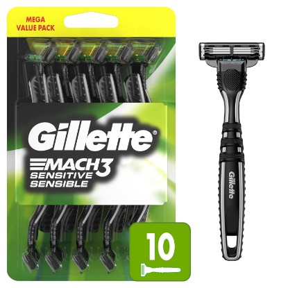 Picture of Gillette Mach3 Sensitive Razors for Men, Men’s Disposable Razors, Pivoting Head for Close and Comfortable Shave, 10 Count