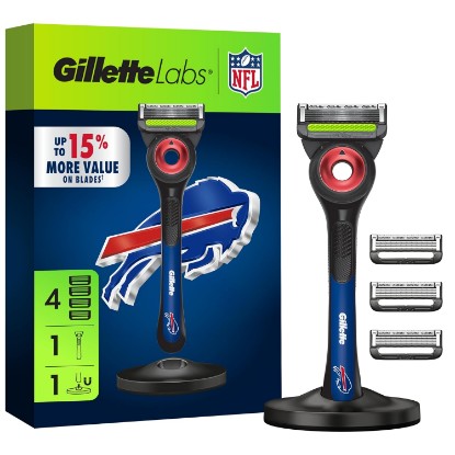 Picture of Gillette Labs Official Bills Licensed Razor for Men, 1 Handle, 4 Blade Refills, with Magnetic Stand, Perfect for Game Day Grooming, Gillette Labs with Exfoliating Bar
