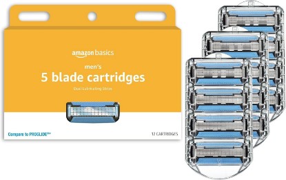 Picture of Amazon Basics 5-Blade Razor Refills for Men with Dual Lubrication, Hypoallergenic, Clean Shave, Precision Beard Trimmer, 12-Pack (Fits Amazon Basics Razor Handles only)