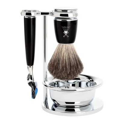 Picture of MÜHLE RYTMO Shaving Kit for Men, Black Wet Shaving Grooming Set | Pure badger brush, Fusion razor, chrome stand and soap dish with Black resin handles for organized everyday wet-shave setup.