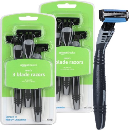 Picture of Amazon Basics 3-Blade Disposable Razors for Men, Close and Comfortable Shave, Reduces Irritation, 6 Count, 2 Packs of 3 (Previously Solimo)