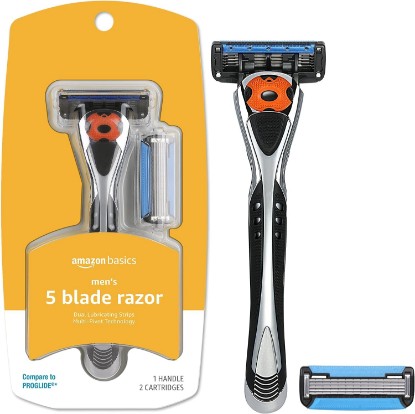 Picture of Amazon Basics 5-Blade MotionSphere Razor for Men with Dual Lubrication and Precision Beard Trimmer, Handle & 2 Cartridges (Cartridges fit Amazon Basics Razor Handles only) (Previously Solimo)