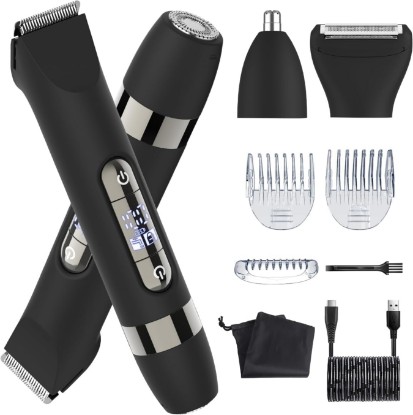 Picture of Hatteker 4 in 1 Multifunctional Dual - Head Body Hair Trimmer for Men, IPX7 Waterproof Groin & Body Hair Groomer, Rechargeable Body Electric Shaver Razor