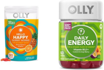 Picture of OLLY Hello Happy Gummy Worms Mood Balance Support with Vitamin D, Saffron - 90 Count and Daily Energy Gummy with Vitamin B12, CoQ10, Goji Berry - 60 Count