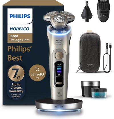 Picture of Philips Norelco i9000 Prestige Ultra Electric Shaver, White Gold | 360° Rotating NanoTech Precision Blades, SenseIQ Pro, 5 Shave Modes, Pressure & Motion Sensor, Beard Styler, XP9403/88 GreenCircle Certified: Certified Environmental Facts Label GreenCircle Sustainable Energy Practices