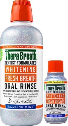 Picture of TheraBreath Whitening Oral Rinse Kit 16 fl oz + 3 fl oz Dazzling Mint | helps whiten teeth while freshening breath daily, Includes full size and TSA-compliant travel size for home and travel