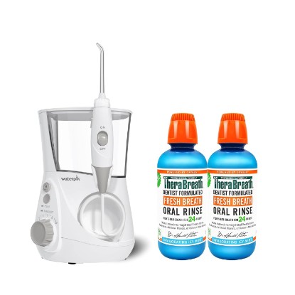 Picture of Waterpik Aquarius Water Flosser Professional With 7 Flossing Tips & TheraBreath Fresh Breath Dentist Formulated Oral Rinse, ICY Mint, 16 Ounce (Pack of 2)