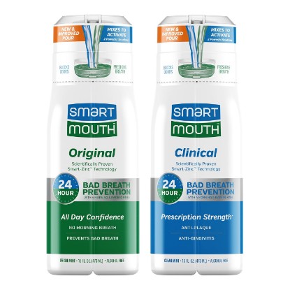 Picture of SmartMouth Original & Clinical Zinc Activated Mouthwash Bundle, Mint | All-Day Bad Breath Prevention, Healthy Gum Support, Instant Fresh Breath, Sugar, Gluten, and Alcohol-Free, 16 fl oz Each