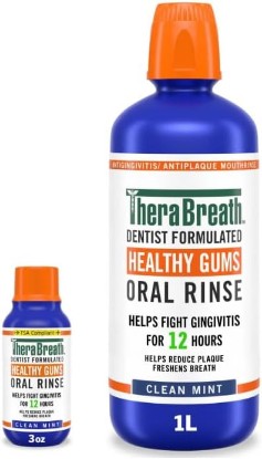 Picture of TheraBreath Healthy Gums Mouthwash, Clean Mint, Antigingivitis, 1 Liter (33.8 fl oz) + Travel Size, 3 fl oz