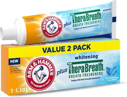Picture of Arm & Hammer Plus TheraBreath Toothpaste, Icy Mint, 5.5 oz, 2-Pack | Whitening, Anticavity Fluoride, Toothpaste For Bad Breath