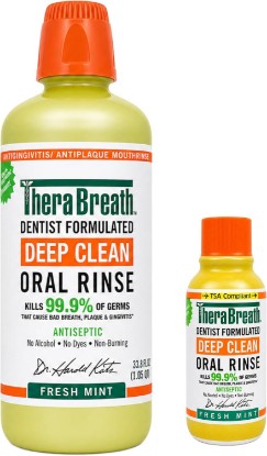 Picture of TheraBreath Deep Clean Oral Rinse Fresh Mint 33.8 oz and TSA Compliant Deep Clean Oral Rinse 3 oz Kit, Antiseptic Mouthrinse