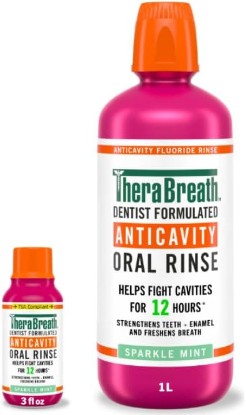 Picture of TheraBreath Anticavity Fluoride Mouthwash, Sparkle Mint, Dentist Formulated, 1 Liter (33.8 fl oz) + Travel Size, 3 fl oz