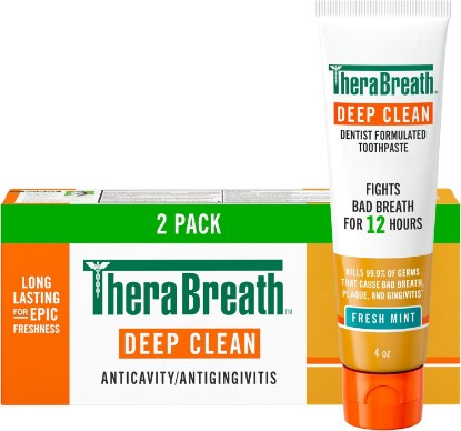 Picture of TheraBreath Deep Clean Toothpaste, Fresh Mint, 4 oz, 2-Pack | Kills 99.9% of Germs That Cause Bad Breath, Gingivitis & Plaque Protection, Gentle Teeth Whitening