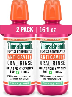 Picture of TheraBreath Anticavity Fluoride Mouthwash, Sparkle Mint, 16 fl oz, 2-Pack | Fights Cavities, Strengthens Enamel, Freshens Breath, Dentist-Formulated, Alcohol-Free