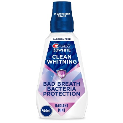 Picture of Crest Mouthwash 3D White Clean Whitening, Breath Protection, Prevents Surface Stains, Kills Millions of Bad Breath Germs, Alcohol-Free, Radiant Mint Flavor, 946 mL (32 fl oz Pack of 3)