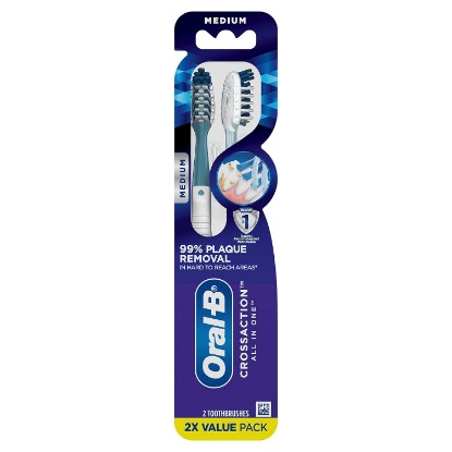 Picture of Oral-B Pro Health CrossAction Plaque Removal toothbrushes, 2 Count Toothbrush Medium, Deep Reach in Tight Spaces, Tongue Scraper Tooth Brush, Plaque Fighter, Gentle on Teeth, Gum stimulators