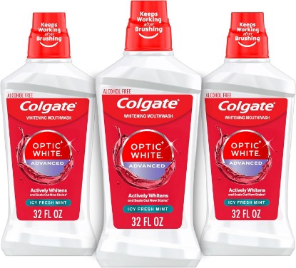 Picture of Colgate Optic White Teeth Whitening Mouthwash, ICY Fresh Mint, 3 Pk, 32 oz | 2% Hydrogen Peroxide Whitening Formula, Enamel-Safe, Alcohol-Free, Seals Out New Stains, Freshens Breath, Non-Burning