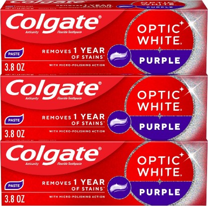 Picture of Colgate Optic White Purple Toothpaste with Fluoride, 3 Pack, 3.8 oz | Fresh Mint, Removes 1 Year of Stains With Micro-Polishing Action, Enamel Safe Whitening for Everyday Use, Whitens Teeth