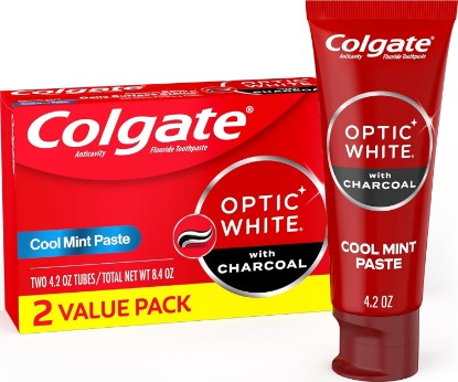 Picture of Colgate Optic White Whitening Toothpaste with Charcoal, Whitening with Charcoal Toothpaste Pack, Removes Daily Surface Stains, Enamel-Safe for Daily Use, Vegan, Cool Mint Paste, 2 Pack, 4.2 oz