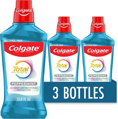 Picture of Colgate Total Alcohol Free Mouthwash, Peppermint, 3 Pack, 33.8 fl oz | 24 Hour Antibacterial Protection, Fights Bad Breath, Helps Prevent Gingivitis, Plaque, and Tartar Buildup