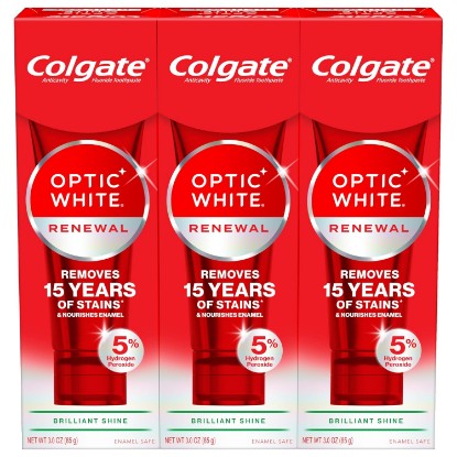 Picture of Colgate Optic White Renewal Teeth Whitening Toothpaste, Whitening Fluoride Toothpaste, Effectively Removes Tea, Coffee, and Wine Stains, Made with Hydrogen Peroxide, Brilliant Shine, 3 Pack, 3.0 oz