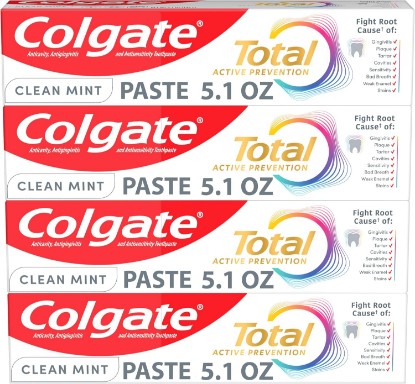 Picture of Colgate Total Fluoride Toothpaste, Clean Mint, 4 Pack, 5.1 oz | Anticavity Fluoride Toothpaste, Clinically Proven Formula Fights Plaque Bacteria, Gingivitis, Tartar, Sensitivity, Bad Breath